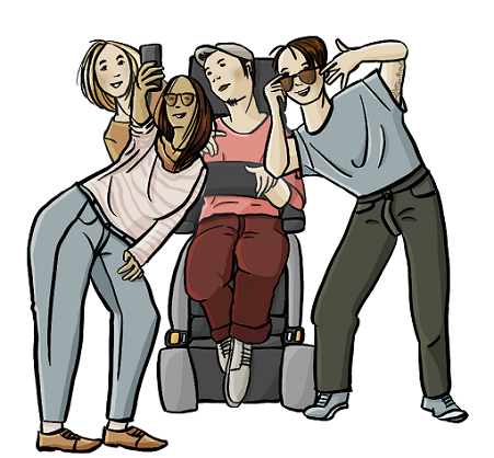 Eine junge Frau hält mit gestrecktem Arm ein Handy. Vier Junge Menschen stecken die Köpfe zusammen und schauen zu dem Handy. Einer von Ihnen sitzt in einem Elektrorollstuhl.