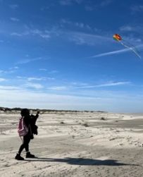 Eine Person steht am Strand und lässt einen Drachen fliegen