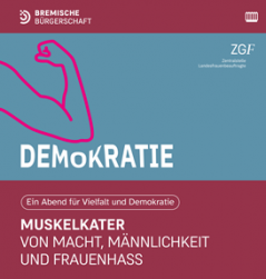 Auf der Grafik ist ein gebeugter  Arm mit Muskel zu sehen, der den Schriftzug Demokratie teilweiser verdeckt.