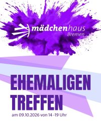 Auf der Grafik ist ein lila Farbkleks mit dem Mädchenhaus Logo zu sehen. Darunter steht der Schriftzug Ehemaligentreffen am 09.10.2026 von 14 -19 Uhr