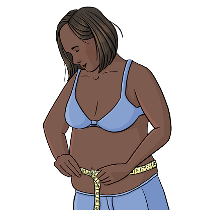 Eine Frau hält ein Maßband um ihren nackten Bauch. Sie trägt einen BH.