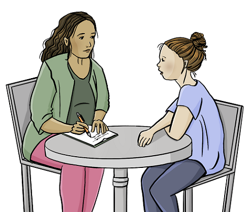 Eine junge Frau und eine Beraterin sitzen an einem Tisch. Die junge Frau redet. Die Beraterin schreibt mit. 