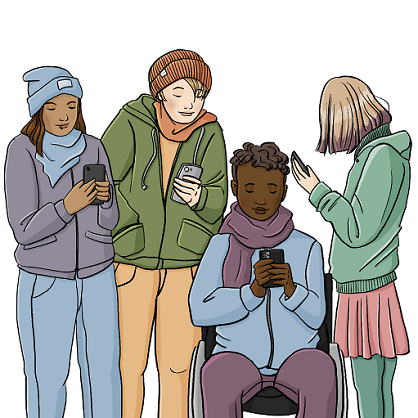 Eine Gruppe von 4 Jugendlichen. Zwei von Ihnen sind POC, zwei sind weiß. Eine sitzt im Rollstuhl. Alle halten ein Smartphone in der Hand und schauen darauf. 
