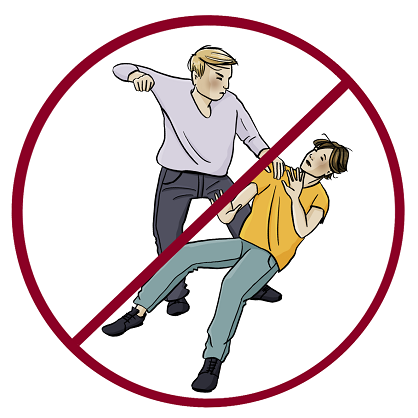 Eine Person hält eine andere Person am Kragen, sie hat die Faust erhoben. Die andere Person hält abwehrend die Hand nach vorn. Das Bild ist durchgestrichen.