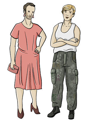 Zwei Personen. Die eine Person hat kurze Haare und einen Dreitagebart. Sie trägt ein Kleid und hochhackige Schuhe. Die andere Person hat eine weibliche Figur und einen Kurzhaarschnitt. Sie trägt ein Tanktop, eine Cargohose und derbe Schuhe. 