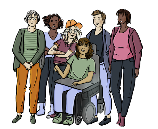 Eine Gruppe von verschieden Frauen und Mädchen. Eine von ihnen sitzt im Rollstuhl. Alle lächeln selbstbewusst. Sie haben die Arme verschränkt oder in die Hüften gestemmt.