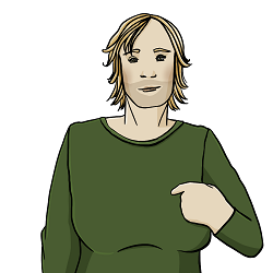 Eine Person mit halblangen Haaren, langen Wimpern und Dreitagebart. Die Person zeigt auf sich. 