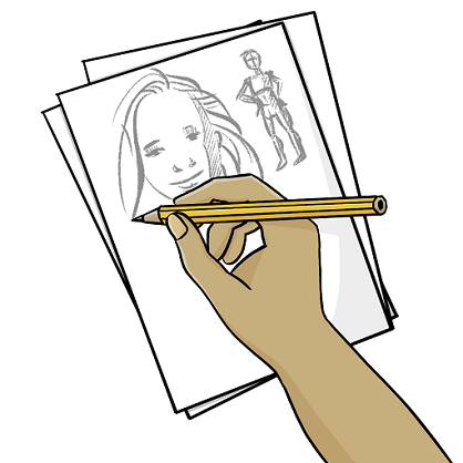 Eine Hand zeichnet mit einem Bleistift ein Gesicht auf ein Blatt Papier. 