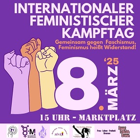 Eine Grafik mit 3 erhobenen Fäusten zum Internationalen feministischen Kampftag am 8. März 2025 