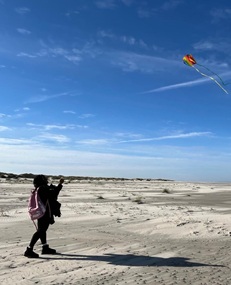 Eine Person steht am Strand und lässt einen Drachen fliegen